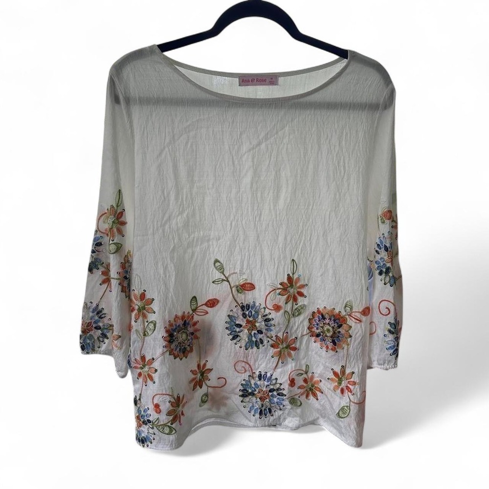 Anna 🌹 Rose white semi sheer flowy floral blouse with orange, blue, and greeM